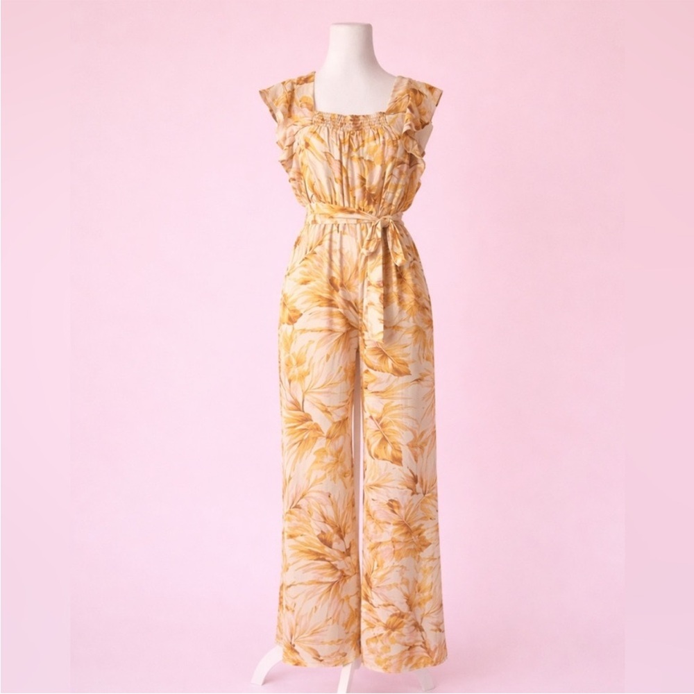 june & hudson Yellow Pink Palm Print Ruffle-Sleeve Wide-Leg Jumpsuit NWT Large - Picture 4 of 11